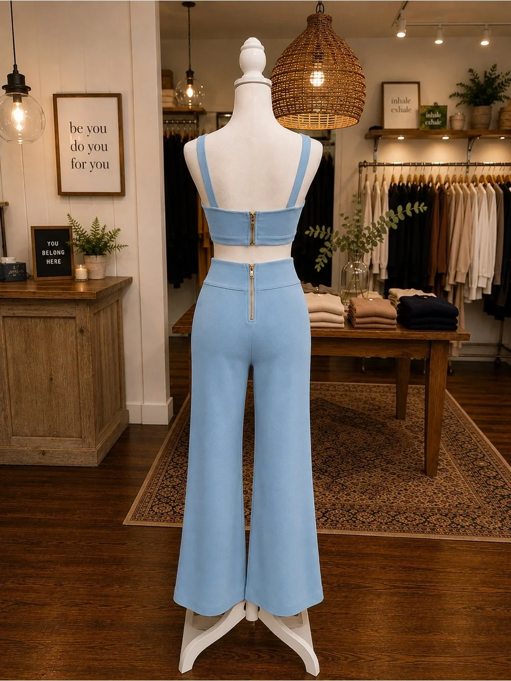 Blue Two Piece Bustier Crop Top & High Rise Bell Bottom Pants Set NWOT XS S M L